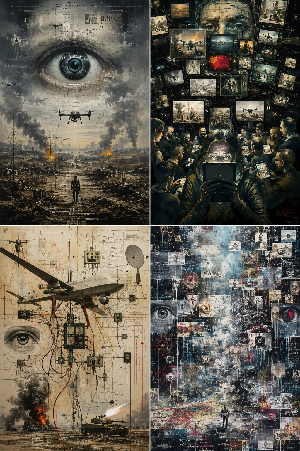 Hypersurreale Collage aus Drohnen, Flugzeug, Auge, Kabeln, Sensorik, Zielmarkierungen, Artillerie und brennendem Schlachtfeld