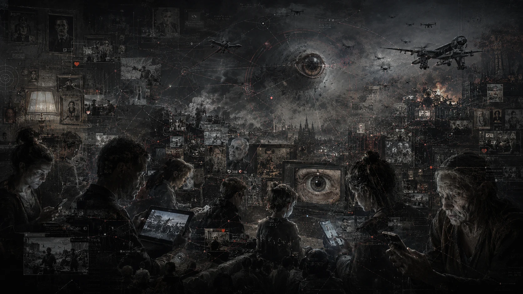 Dunkle dystopische Collage aus Gesichtern, Bildschirmen, Kriegsbildern, Drohnen und algorithmischen Verbindungslinien