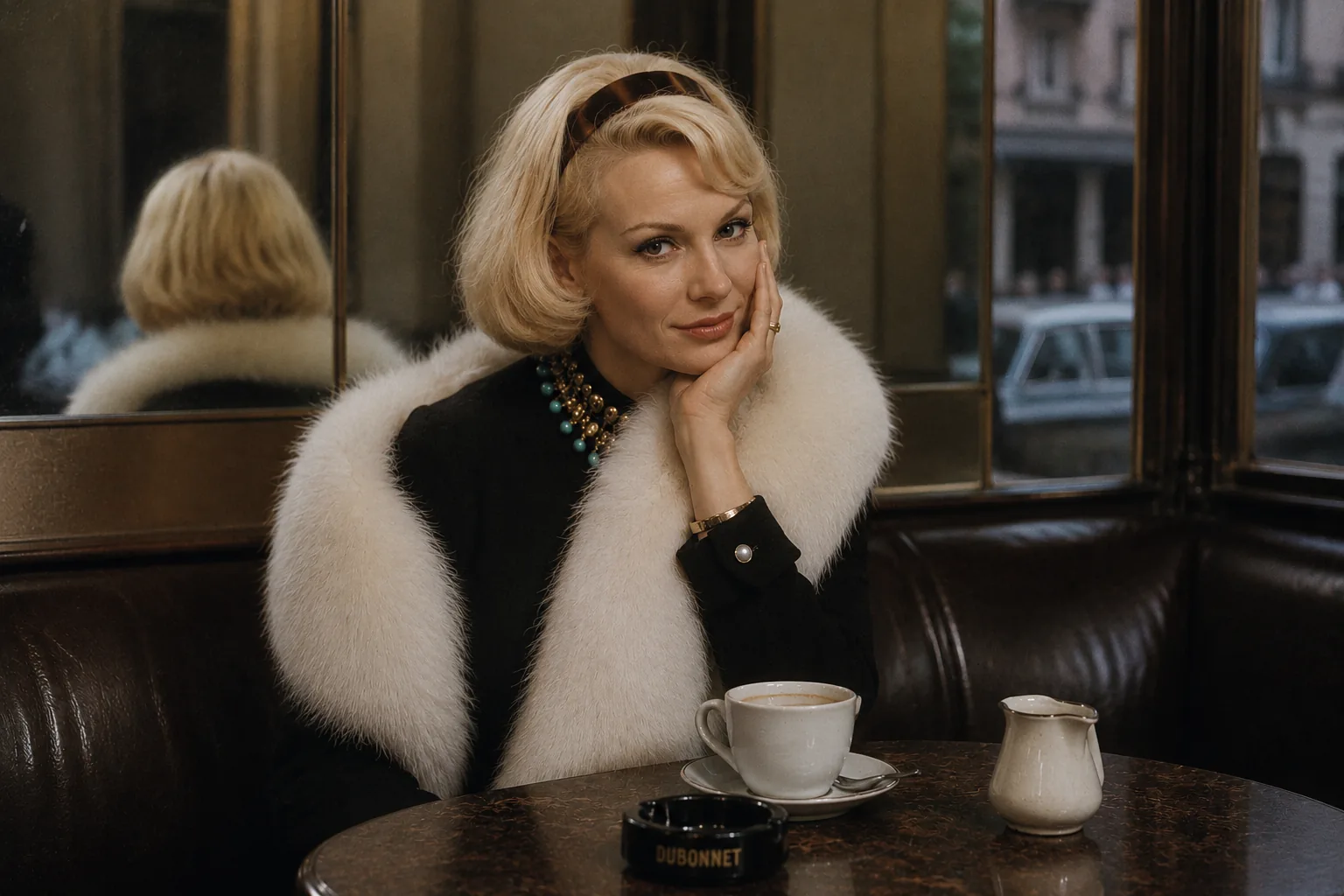 Elegant gekleidete blonde Frau blickt in einem Café direkt zur Kamera; ihr Spiegelbild erscheint hinter ihr