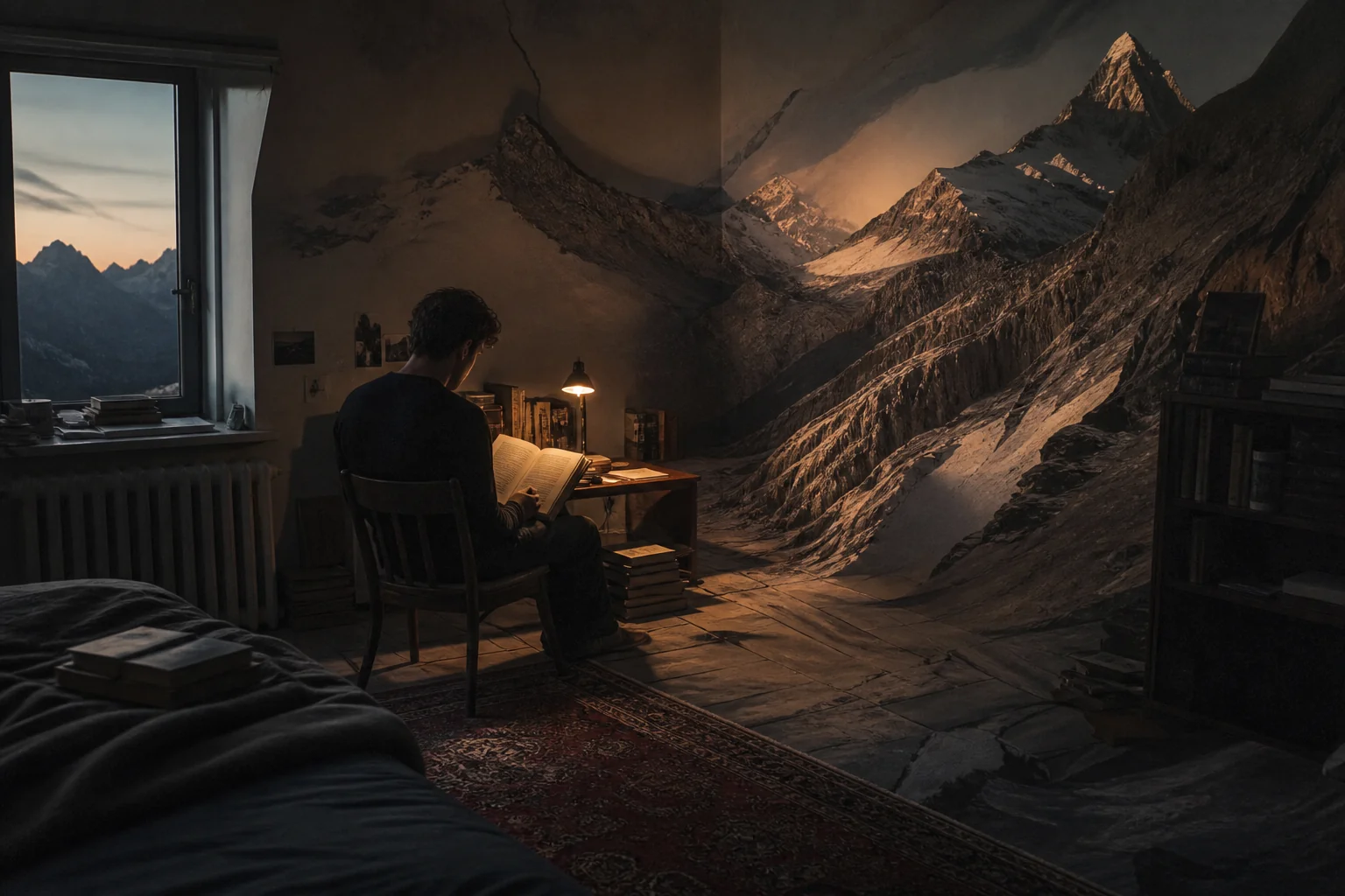 Junger Leser in einem Zimmer, das sich in eine alpine Gesteinslandschaft verwandelt