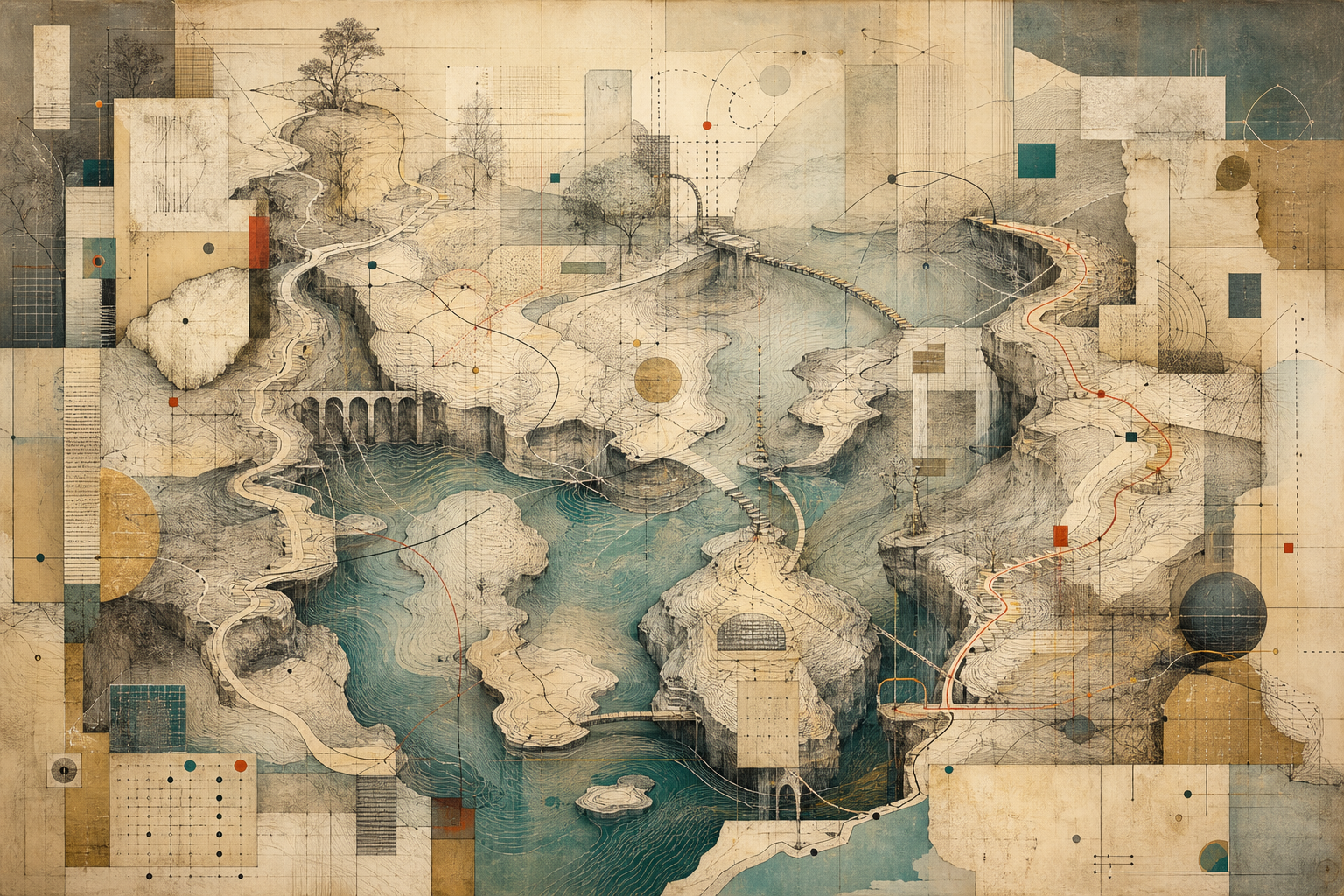 Surreale topographische Collage aus Inseln, Wasserflächen, Brücken, Sackgassen und unterbrochenen Kartenlinien