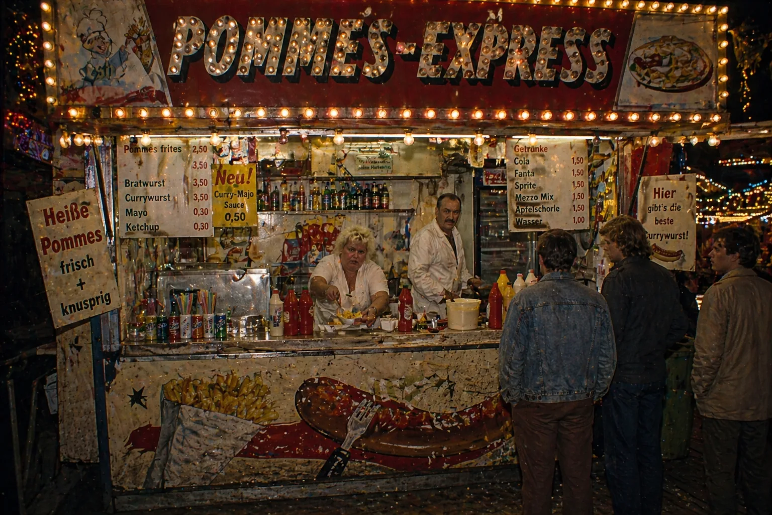 Historisierende Pommesbude auf einem nächtlichen Jahrmarkt