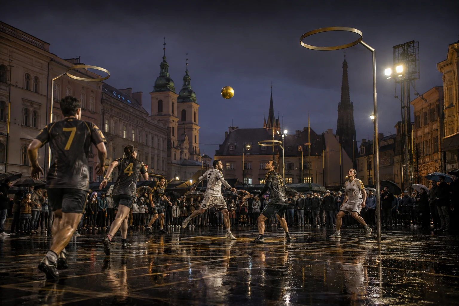 Spieler verfolgen nachts auf einem regennassen Stadtplatz eine goldene Kugel zwischen hohen Ringen.