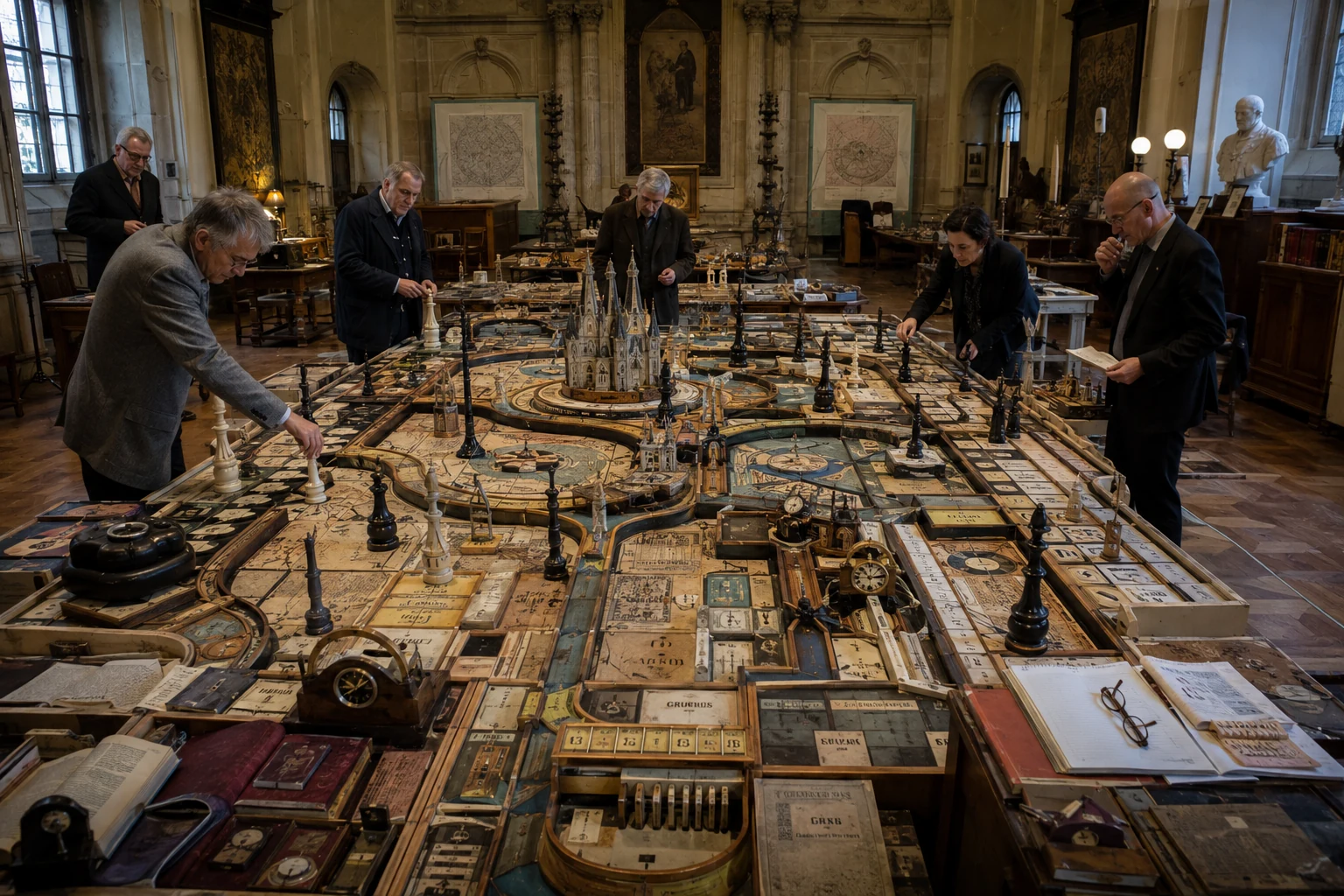 Menschen stehen um ein aus Karten, Spielfeldern, Figuren und Architekturen gebautes Weltbrett.