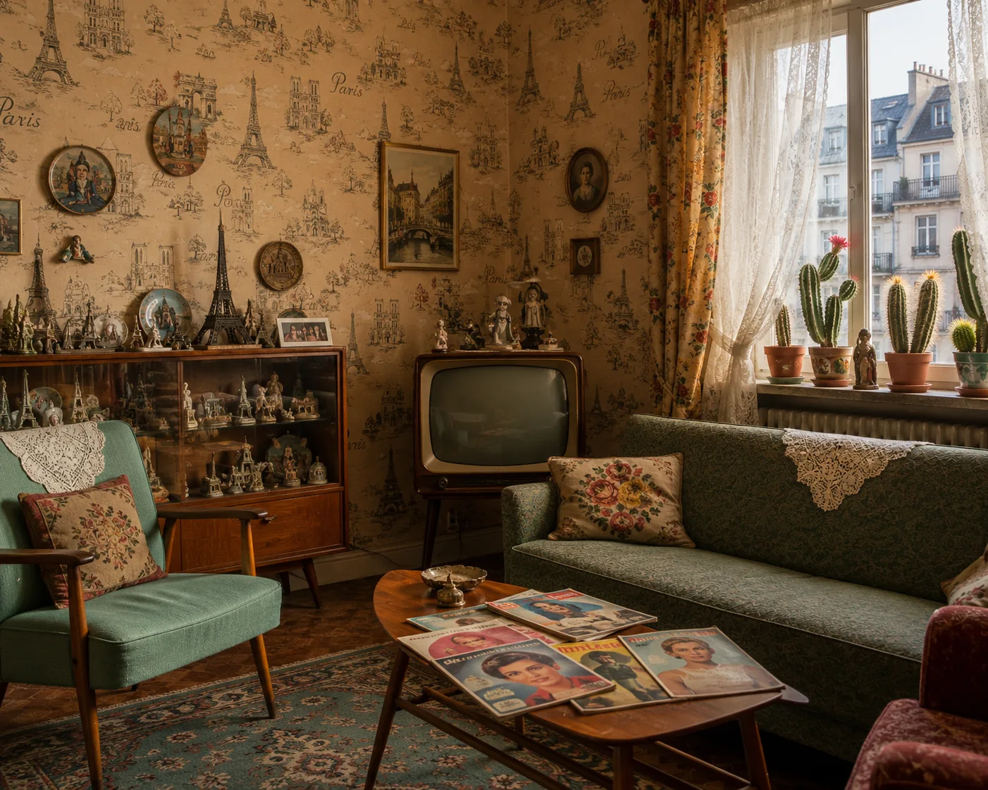 Wohnzimmer mit altem Fernseher, Pariser Motivtapete, Souvenirs und Illustrierten