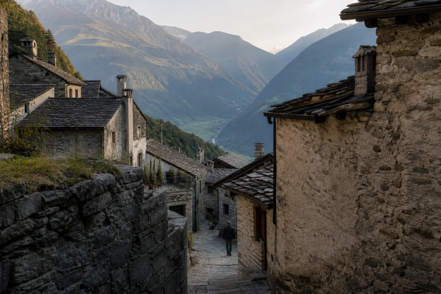 Steinhäuser und schmaler Weg in Soglio über dem Bergeller Tal