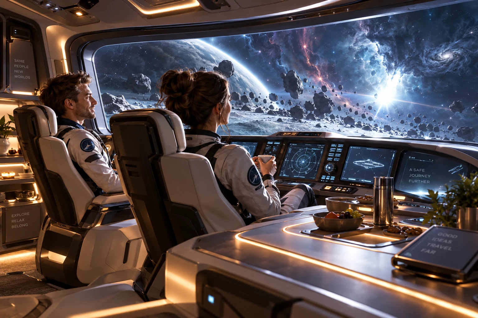 Zwei Reisende in einem hellen Raumschiffcockpit vor einem kalten Kosmos