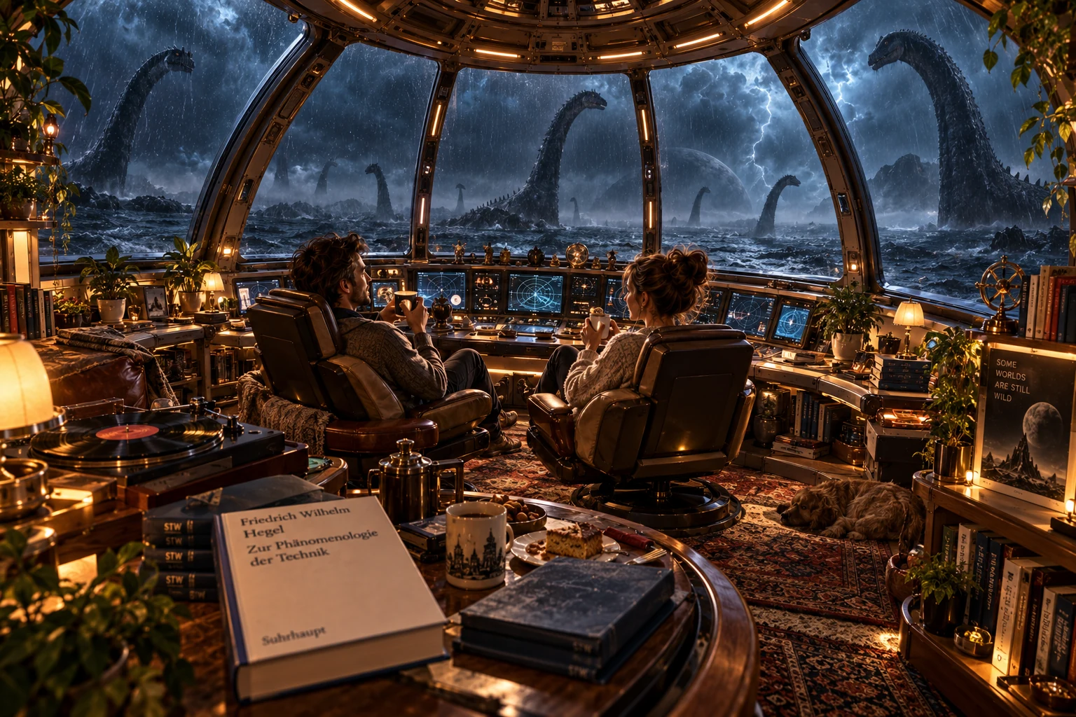 Wohnliches Panoramacockpit über einer stürmischen schwarzen Wasserwelt mit langhalsigen Kreaturen