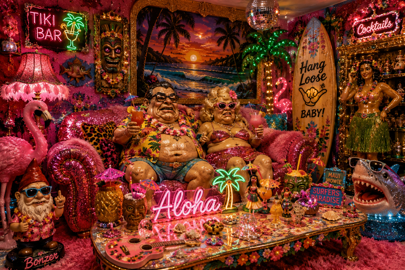Überbordende pink-goldene Tiki-Bar mit Camp-Paar, Flamingos, Gartenzwerg, Plastikpalme, Surfbrett, Neonlicht und dekorativem Hai