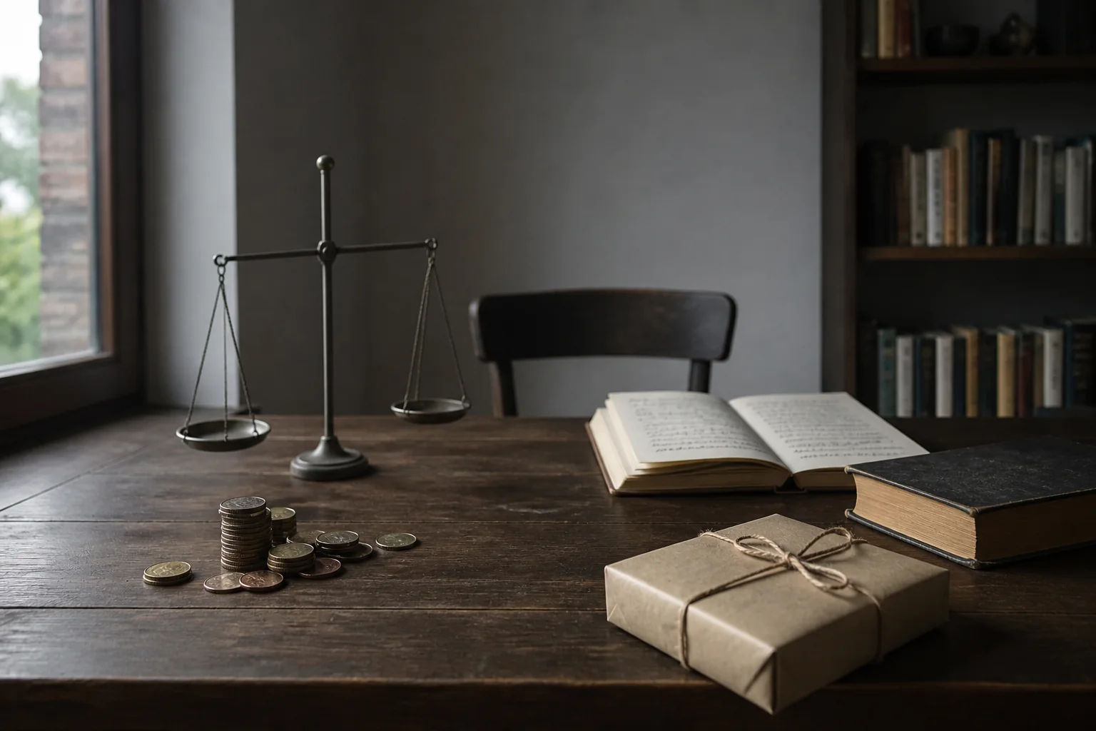 Waage, Münzen, Bücher und eine schlichte Gabe auf einem Arbeitstisch