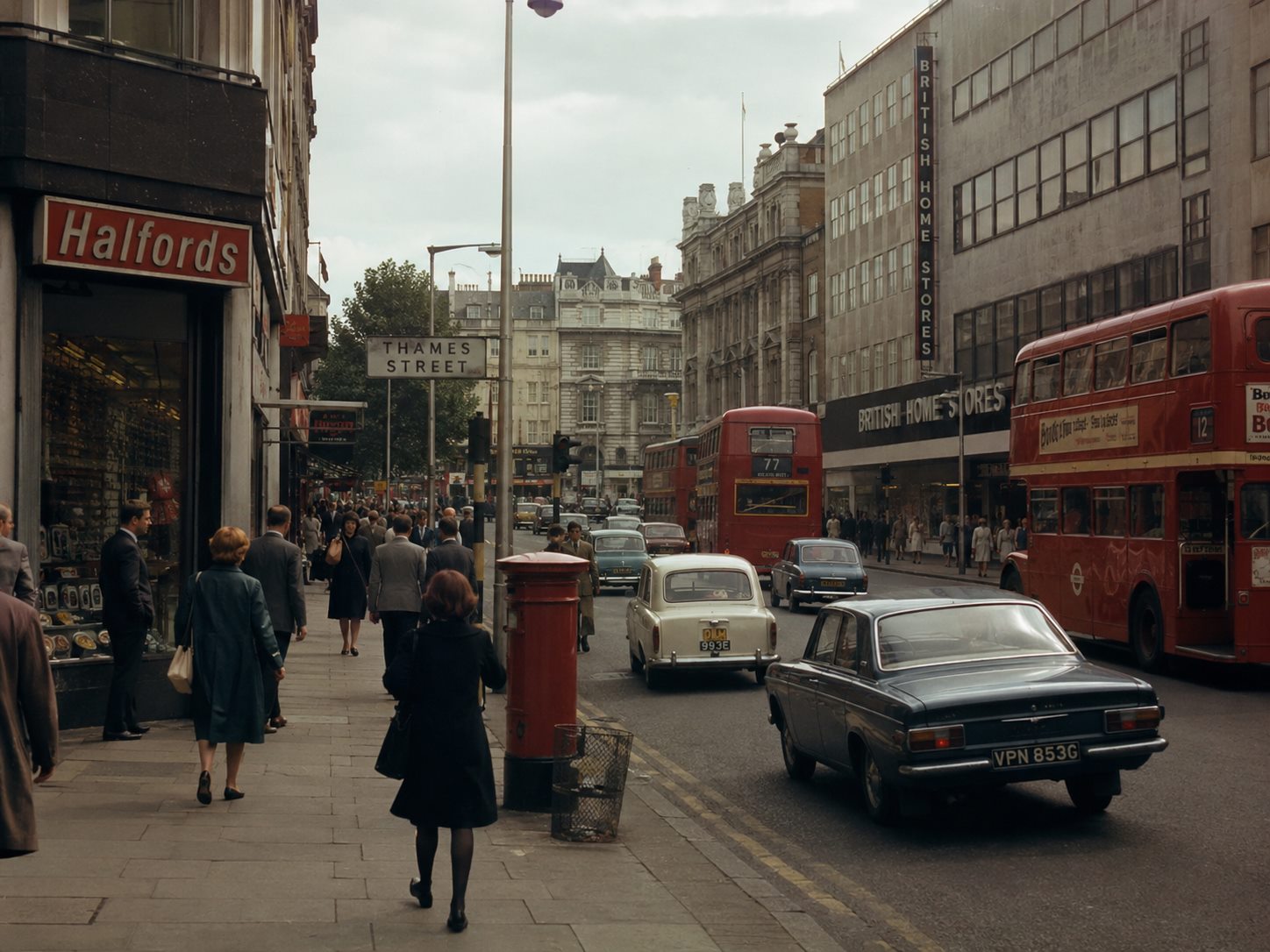 Rekonstruiertes Erinnerungsbild einer Londoner Straßenszene um 1968 mit Doppeldeckerbussen und Ladenbeschriftungen