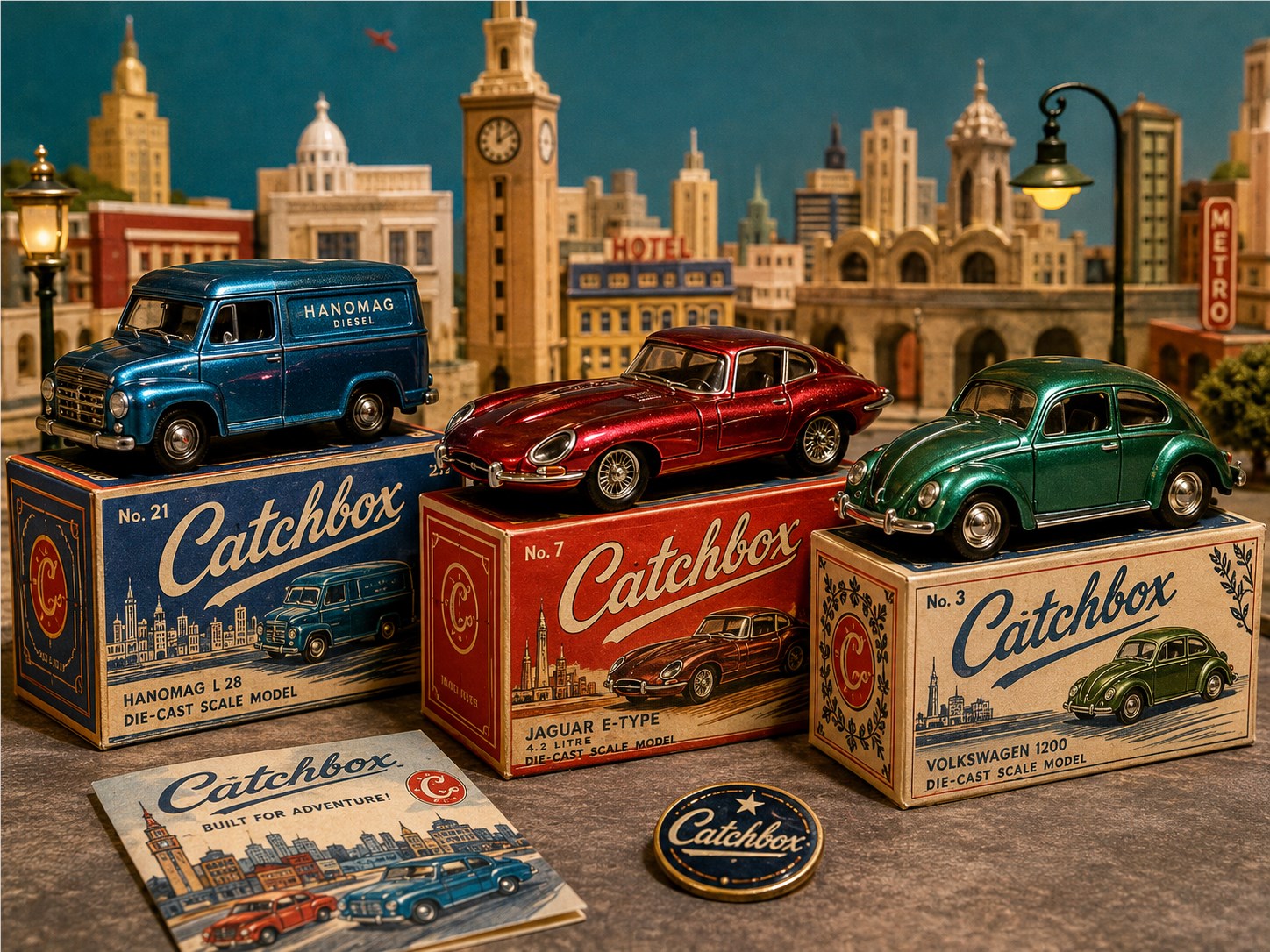 Drei metallic lackierte Modellautos auf nostalgisch gestalteten Catchbox-Schachteln vor einer Miniaturstadt