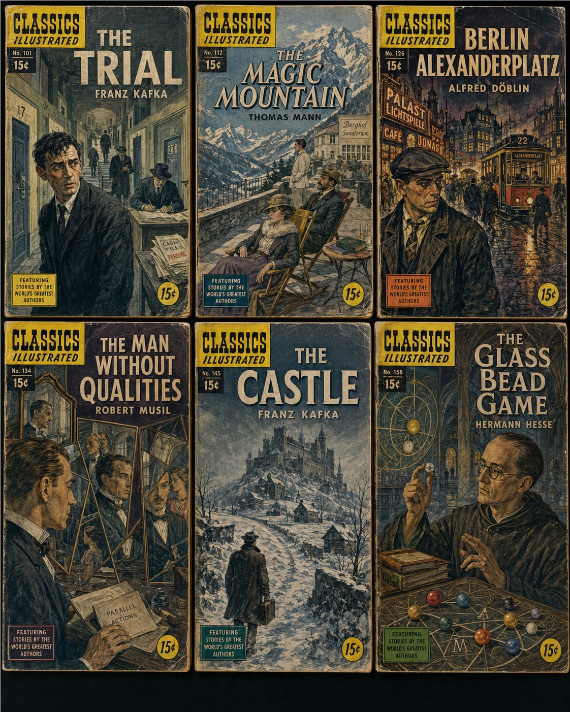 Sechs fiktive, gealterte Classics-Illustrated-Hefte zu Werken von Kafka, Thomas Mann, Alfred Döblin, Robert Musil und Hermann Hesse