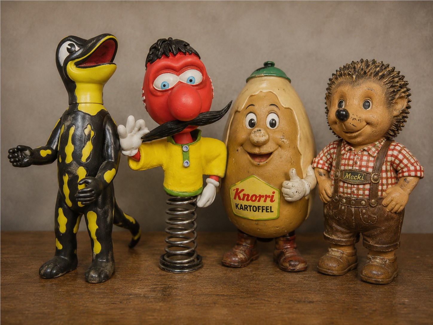Vier deutlich gebrauchte Werbe- und Kindheitsfiguren aus Kunststoff, darunter ein Federmännchen, eine Kartoffelfigur und ein Igel