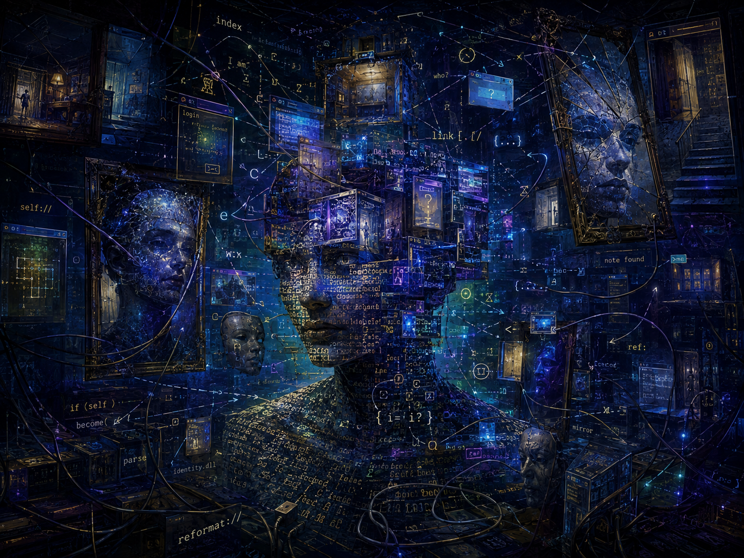 Fragmentierte digitale Identität zwischen Spiegeln, Fenstern, Masken und Codefragmenten