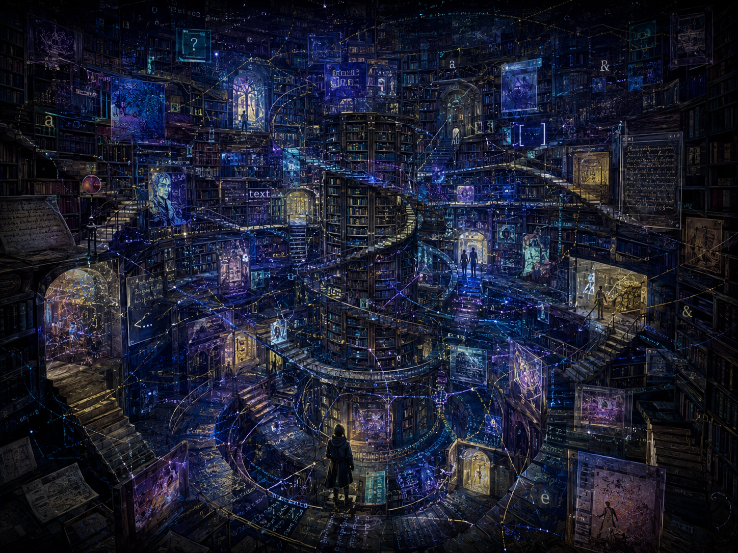 Labyrinthisches Bibliotheks- und Textsystem mit Treppen, Regalen und digitalen Verbindungen