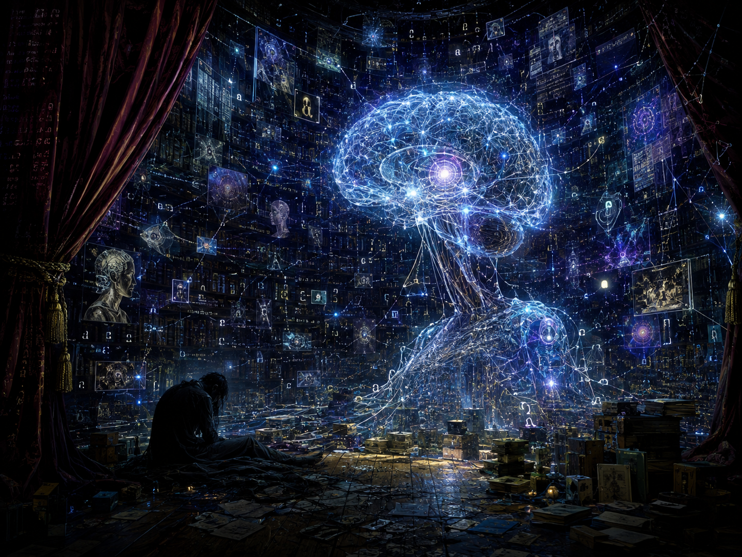 Große leuchtende künstliche Netzintelligenz über einer erschöpften menschlichen Figur